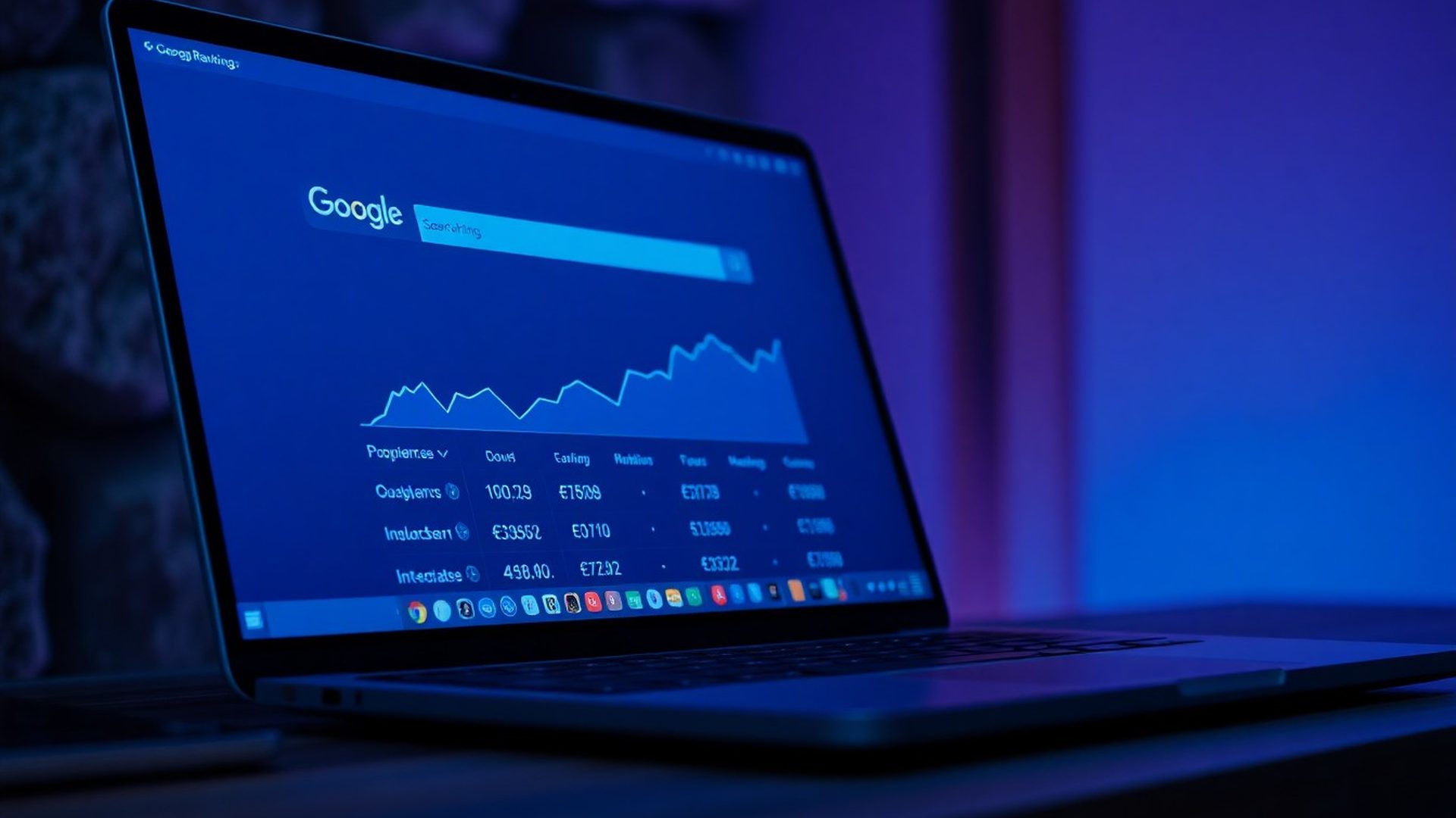 Prikaz Google iskalnih uvrstitev na monitorju v indigo tehnološki paleti
